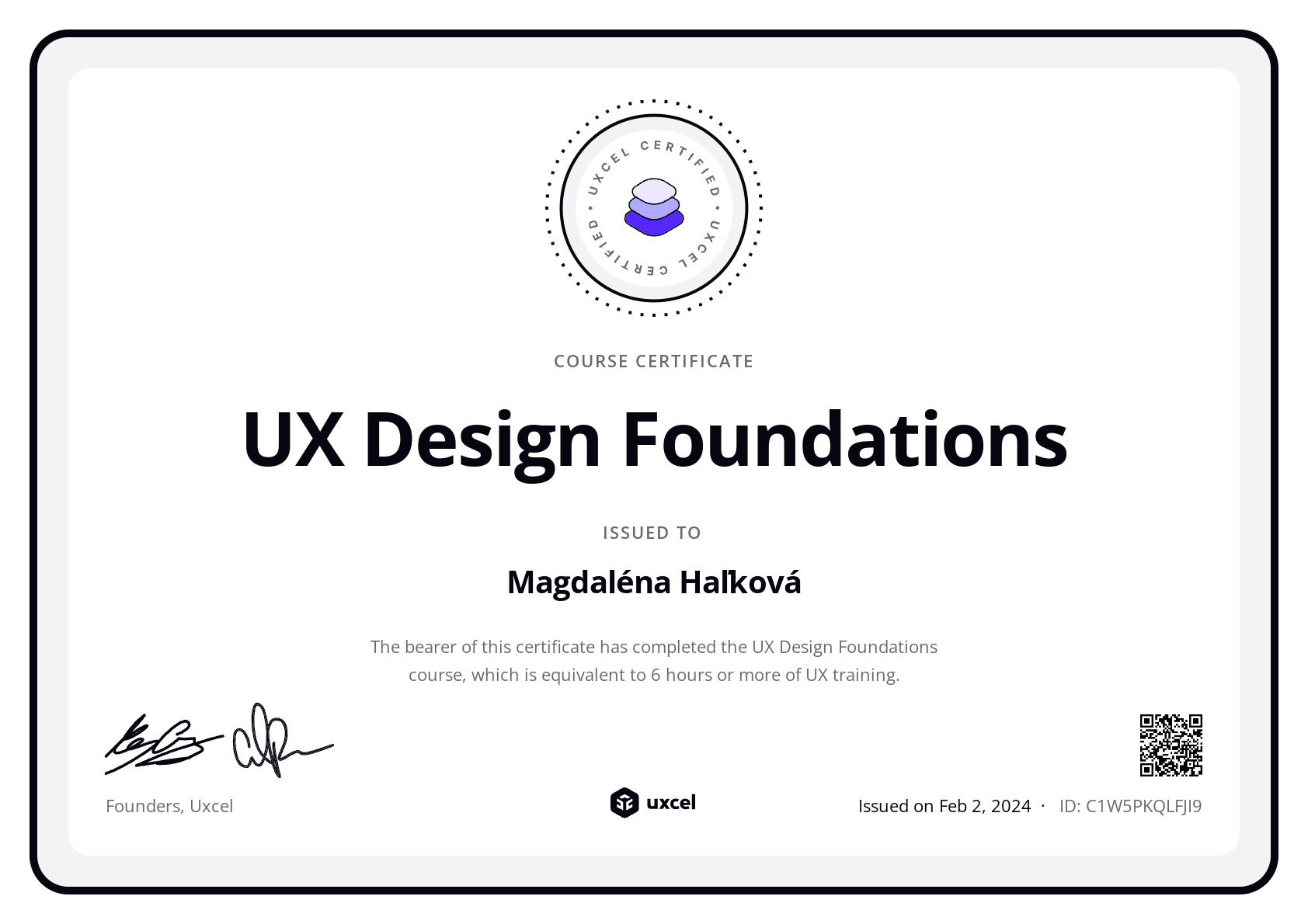 Magdaléna Haľková's certificate